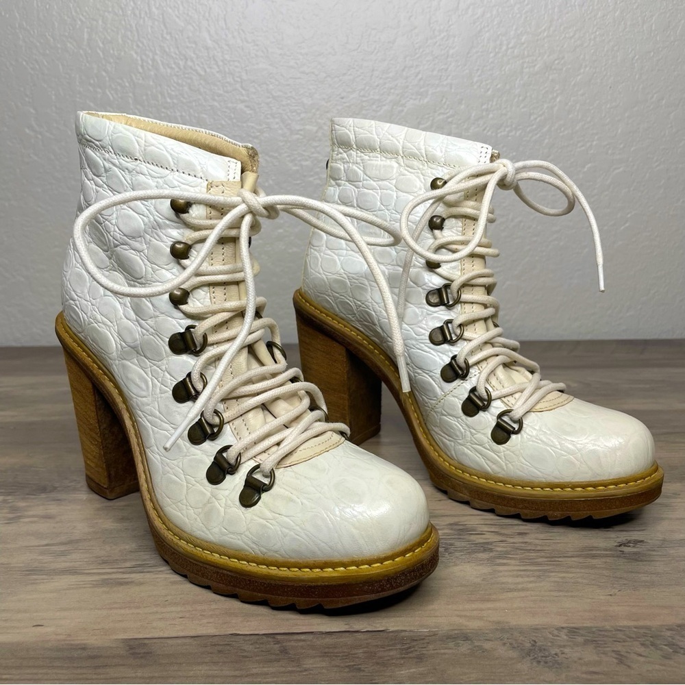 Diesel White Leather Croc Ankle Booties Boots